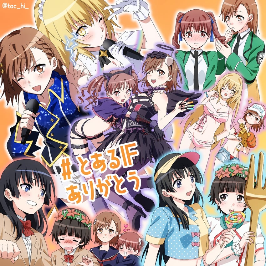 misaka mikoto, shirai kuroko, shokuhou misaki, saten ruiko, and uiharu kazari (toaru majutsu no index and 3 more) drawn by tac_hi