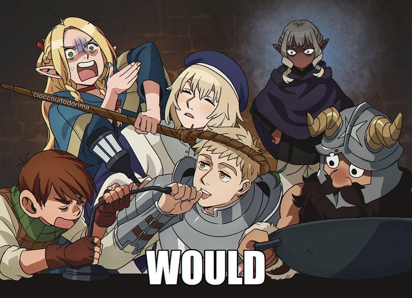 marcille donato, falin touden, laios touden, senshi, chilchuck tims, and 1 more (dungeon meshi) drawn by cioccolatodorima