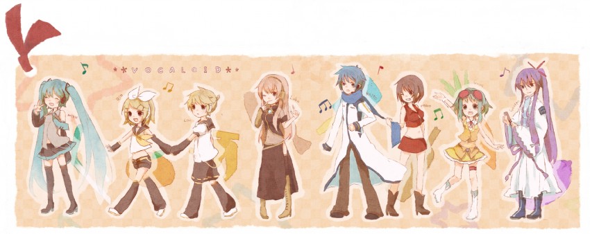 hatsune miku, kagamine rin, kagamine len, megurine luka, kaito, and 3 more (vocaloid) drawn by mikanniro