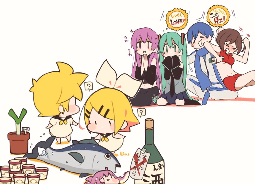 hatsune miku, kagamine rin, kagamine len, megurine luka, kaito, and 2 more (vocaloid) drawn by kitsune_no_ko