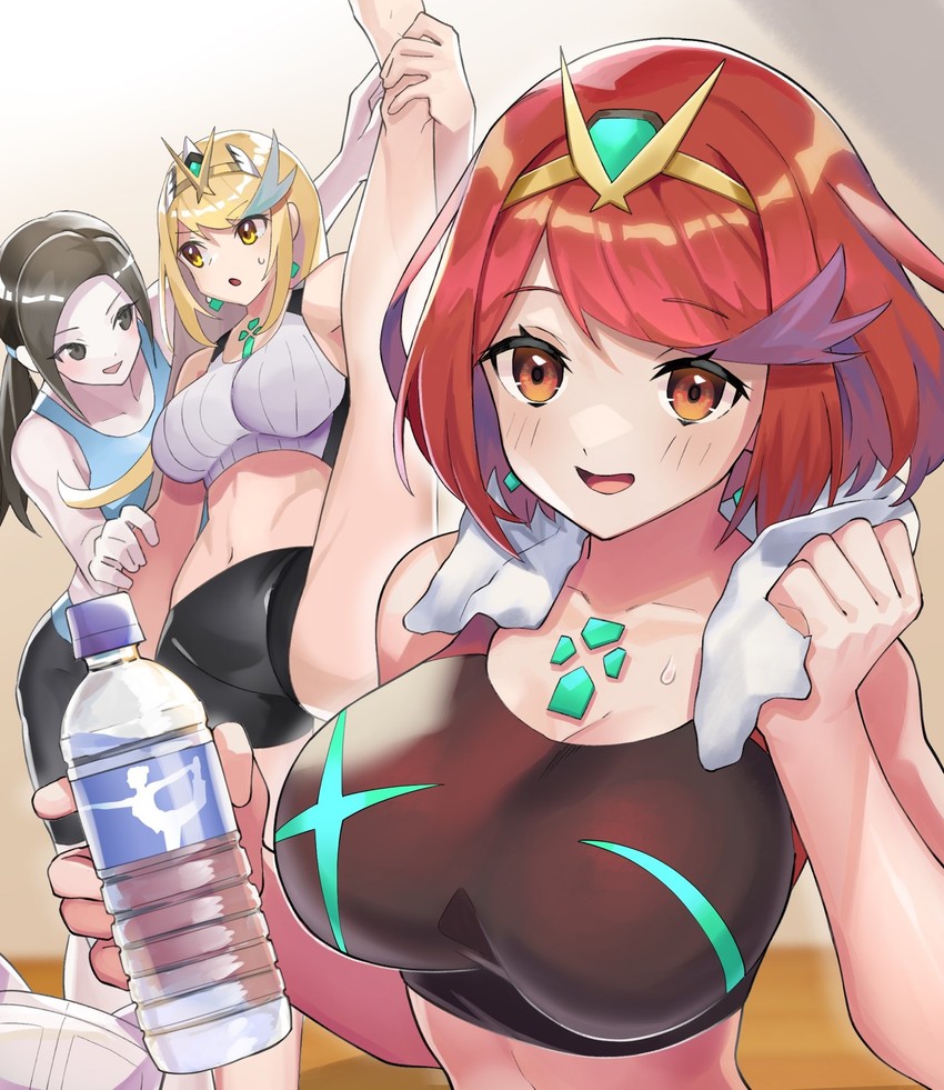 pyra, mythra, and wii fit trainer (xenoblade chronicles and 3 more) drawn by katwo
