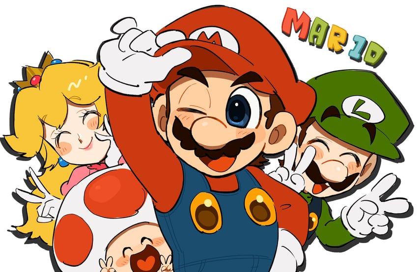 princess peach, mario, luigi, and toad (mario) drawn by mimimi_(mimimim9999)