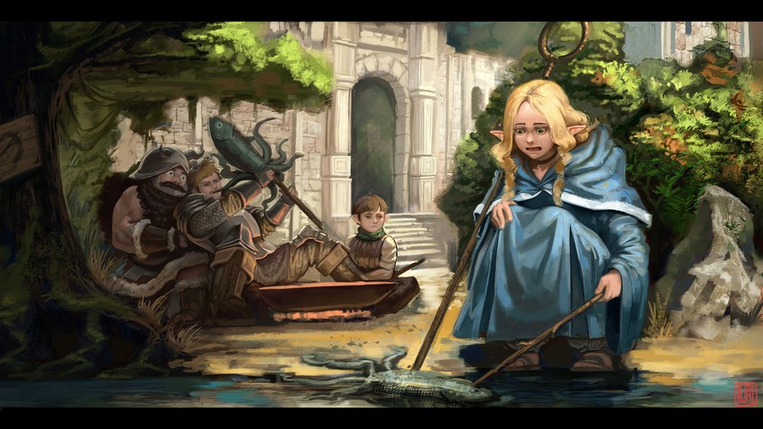 marcille donato, laios touden, senshi, and chilchuck tims (dungeon meshi) drawn by ujac