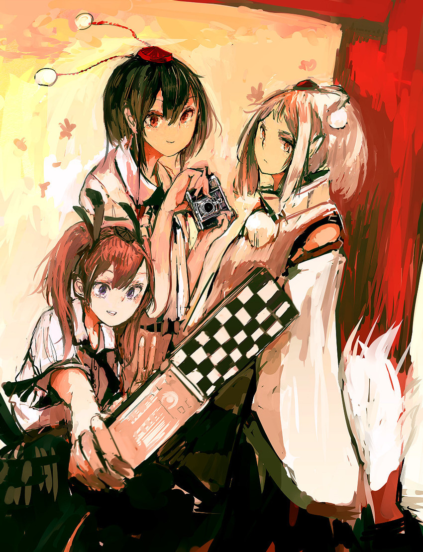 shameimaru aya, inubashiri momiji, and himekaidou hatate (touhou) drawn by ashiyama_yoshinori