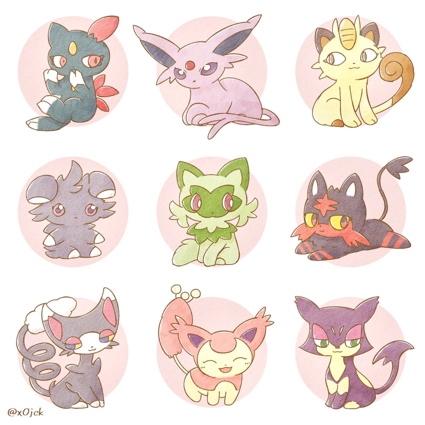 espeon, sprigatito, meowth, litten, skitty, and 4 more (pokemon) drawn by jack-san