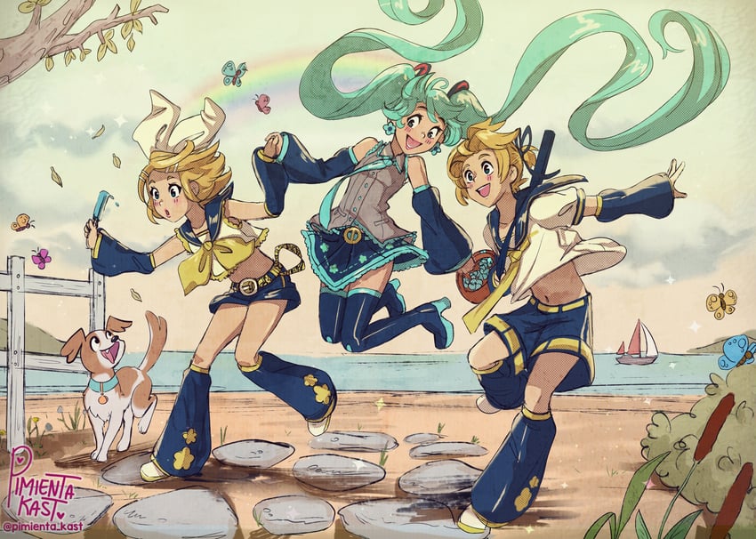 hatsune miku, kagamine rin, and kagamine len (vocaloid) drawn by pimienta_kast