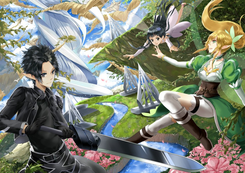 kirito, leafa, and yui (sword art online) drawn by citemer