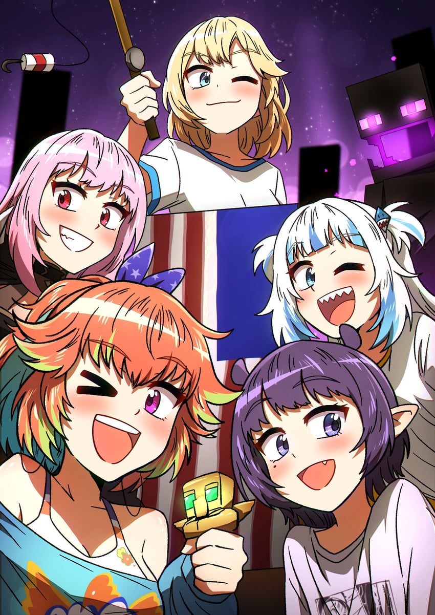 gawr gura, mori calliope, ninomae ina'nis, takanashi kiara, watson amelia, and 1 more (hololive and 2 more) drawn by ddolbang
