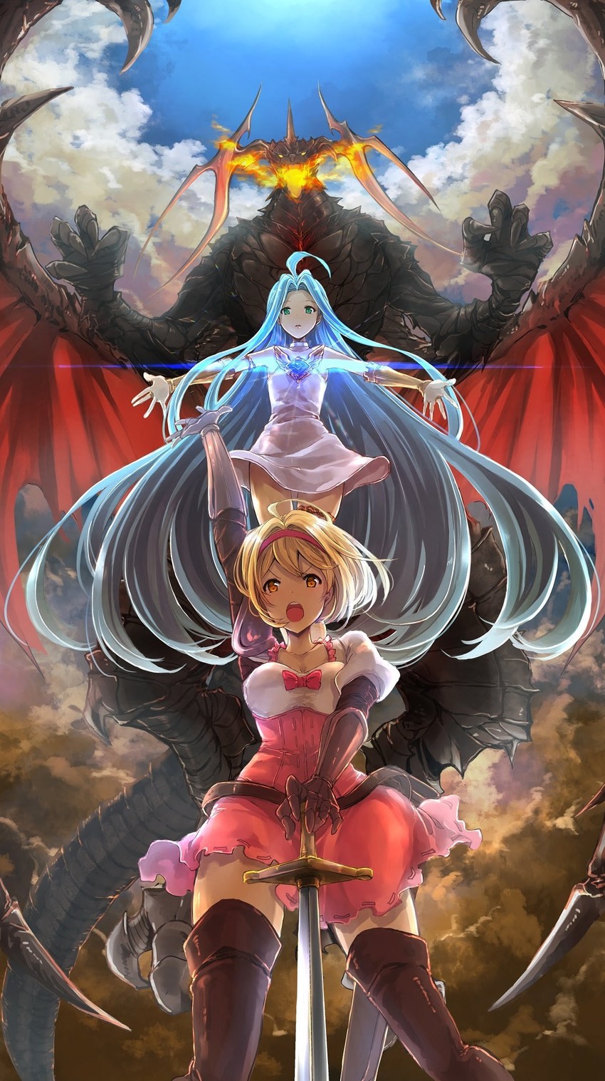 djeeta, lyria, fighter, and bahamut (granblue fantasy and 1 more) drawn by malbatrossr