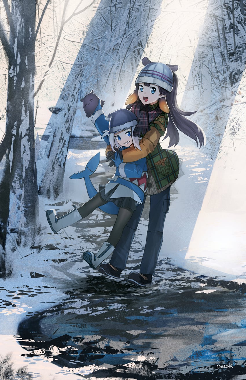 gawr gura, ninomae ina'nis, and takodachi (hololive and 1 more) drawn by advarcher