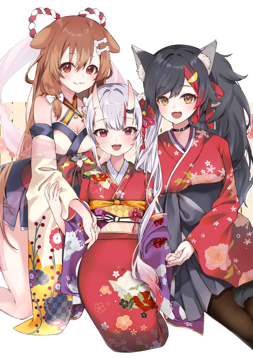 ookami mio, inugami korone, and nakiri ayame (hololive) drawn by shiro_hebi_rei