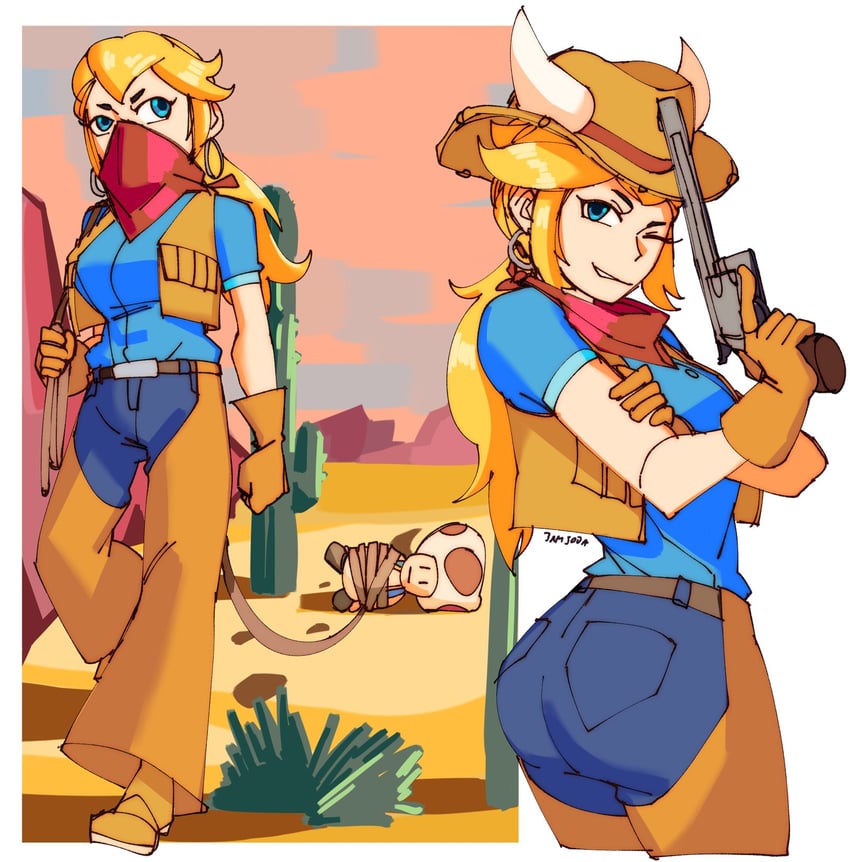 princess peach, toad, and cowgirl peach (mario and 1 more) drawn by 3amsoda