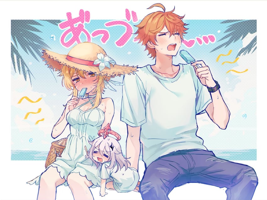 lumine, paimon, and tartaglia (genshin impact) drawn by natsukko_0606