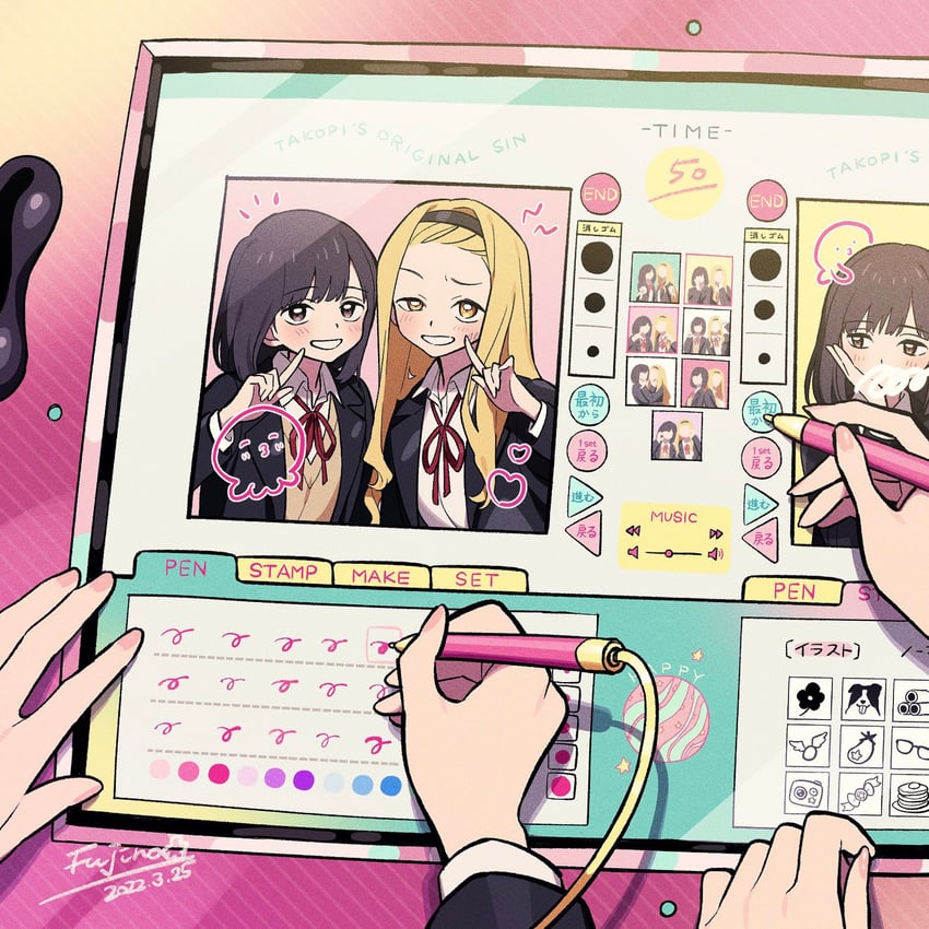 kuze shizuka, takopii, and kirarazaka marina (takopii no genzai) drawn by fujino_hana