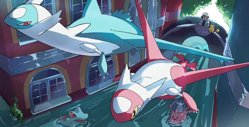 pikachu, ash ketchum, latias, totodile, latios, and 1 more (pokemon and 1 more) drawn by valentine_(02140314c)
