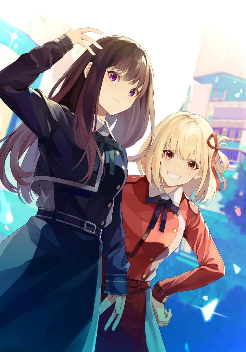 nishikigi chisato and inoue takina (lycoris recoil) drawn by honwakaniwatori