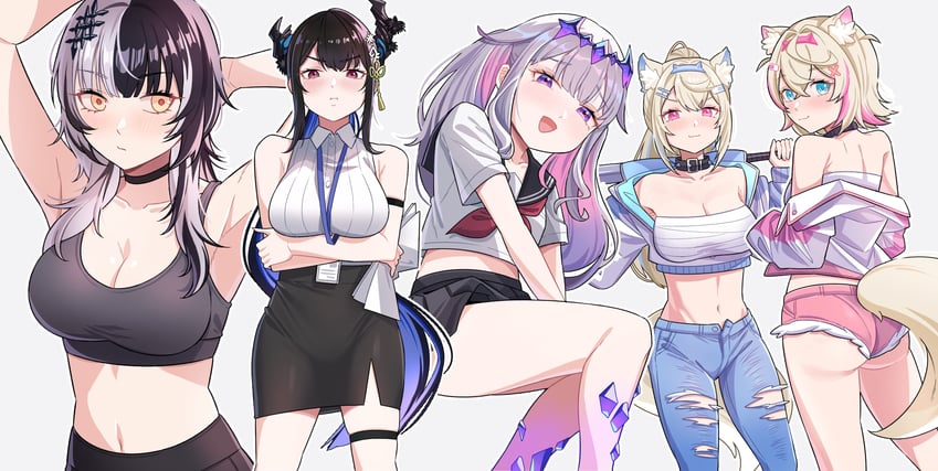 shiori novella, nerissa ravencroft, fuwawa abyssgard, mococo abyssgard, and koseki bijou (hololive and 1 more) drawn by nuebunny