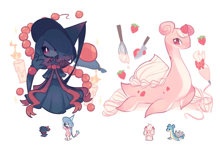 lapras, alcremie, hatterene, and misdreavus (original and 1 more) drawn by charamells