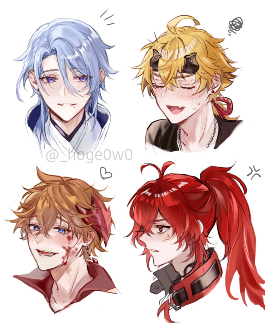 tartaglia, diluc, kamisato ayato, and thoma (genshin impact) drawn by hoge_(hoge0w0)