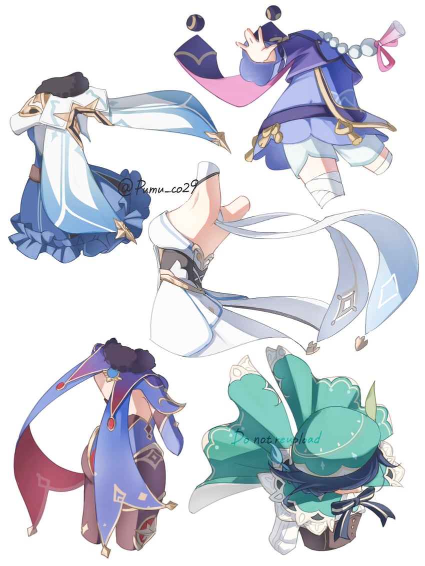 lumine, mona, venti, qiqi, and sucrose (genshin impact) drawn by pumu_(pumu_co29)