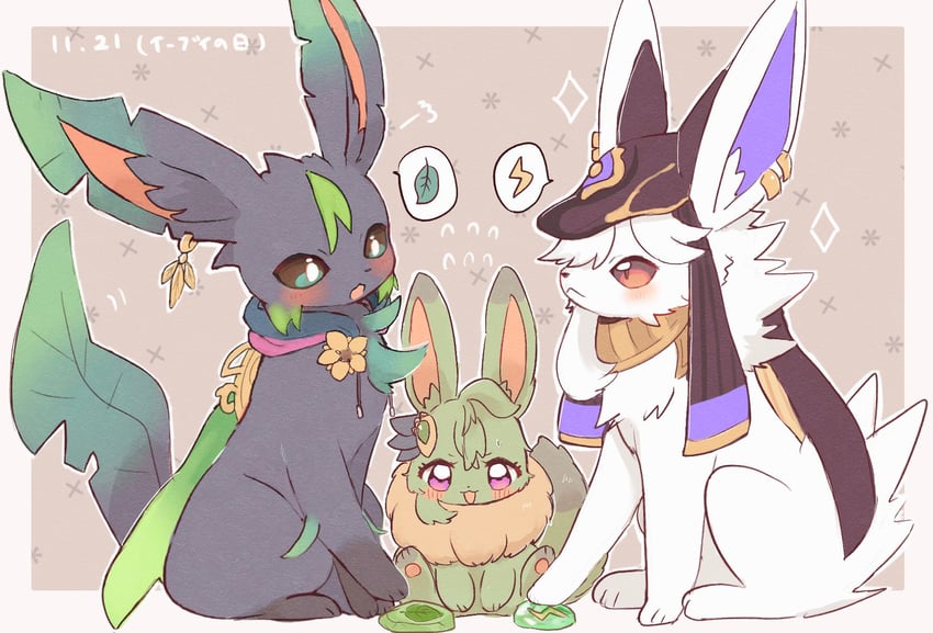 eevee, tighnari, cyno, leafeon, collei, and 1 more (pokemon and 1 more) drawn by kuma_(chikuwonder)