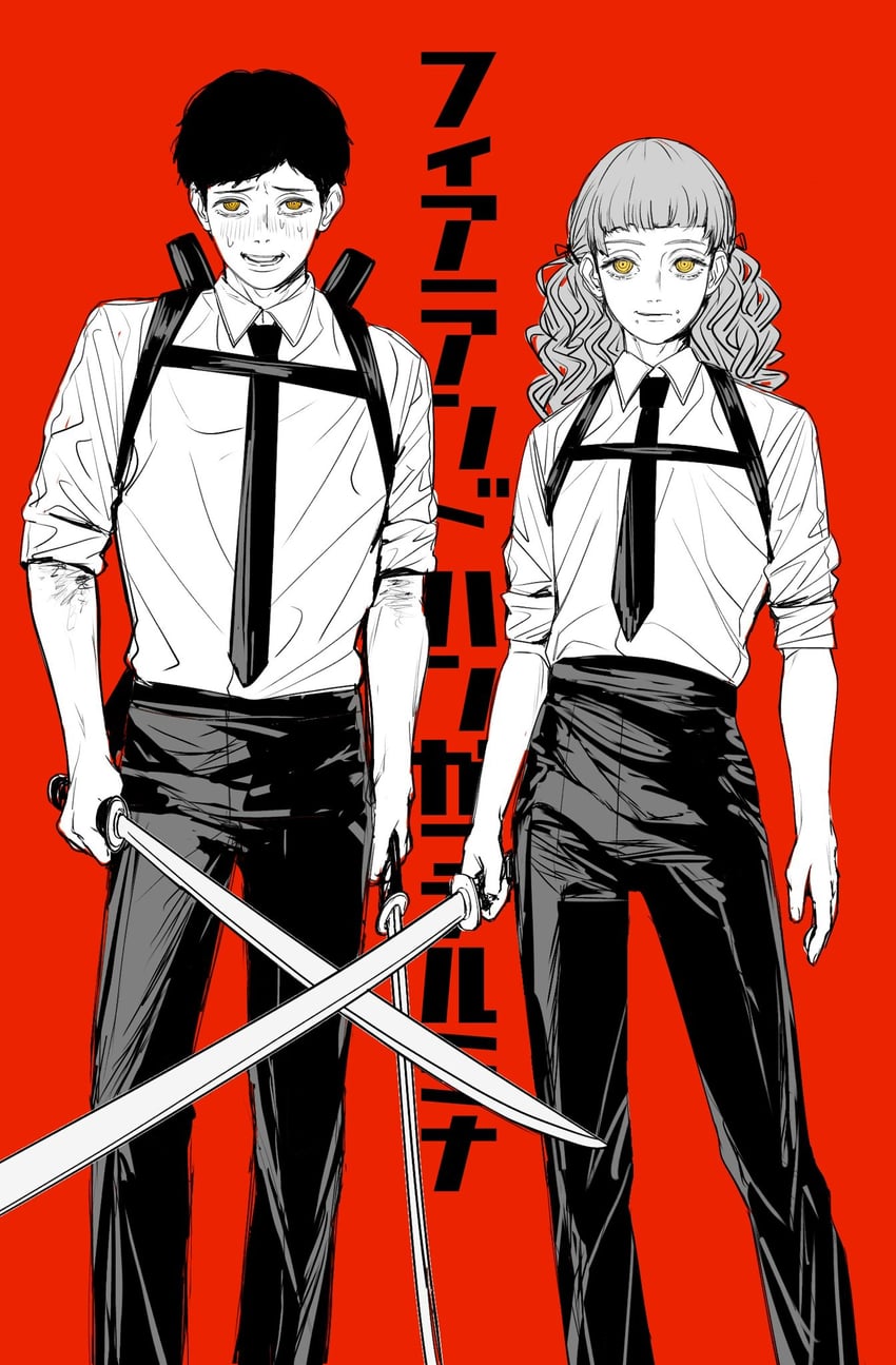 marina and levi (chainsaw man and 2 more) drawn by amikoiiko