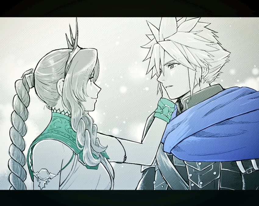 cloud strife and aerith gainsborough (final fantasy and 3 more) drawn by ameiro0814