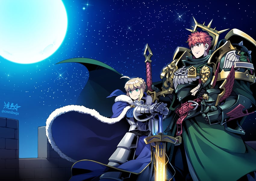 artoria pendragon, saber, emiya shirou, and lion el'jonson (fate and 2 more) drawn by ryuusei_(mark_ii)