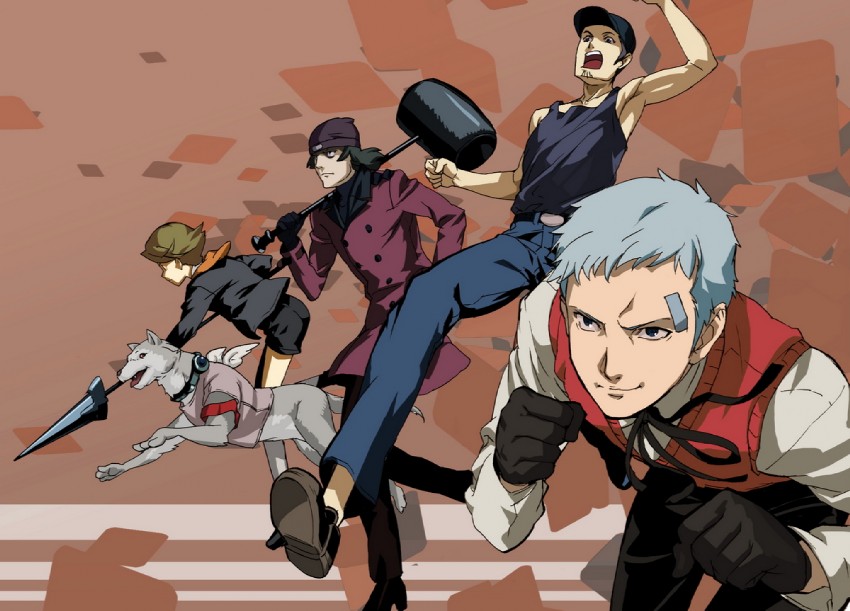 sanada akihiko, aragaki shinjirou, iori junpei, amada ken, and koromaru (persona and 1 more) drawn by makacoon