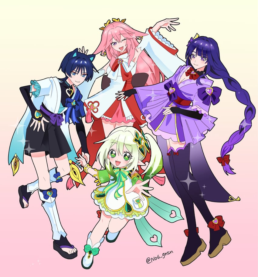 raiden shogun, scaramouche, yae miko, nahida, and wanderer (genshin impact) drawn by no6_gnsn