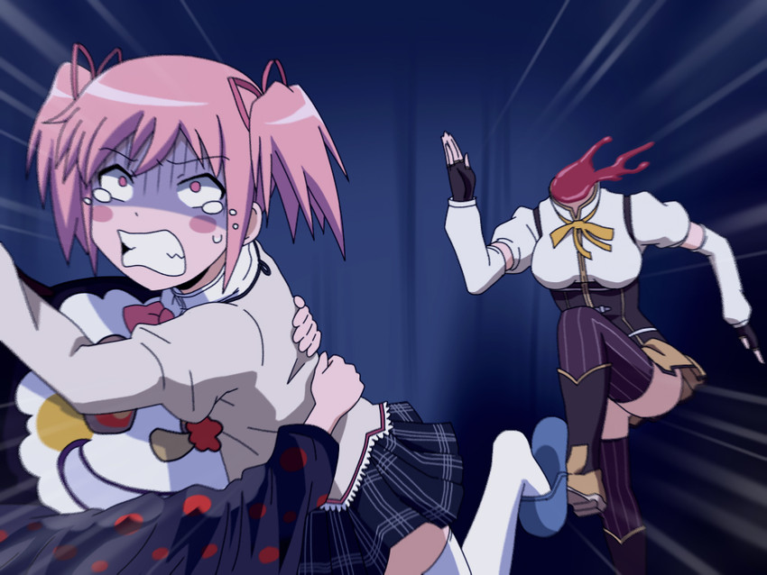 kaname madoka, tomoe mami, charlotte, yuuki aoi, and ringo-chan (mahou shoujo madoka magica and 1 more) drawn by shirosato