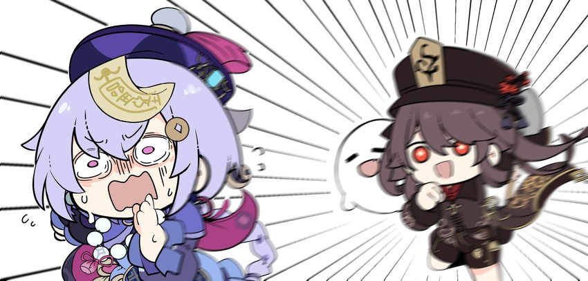 hu tao, boo tao, and qiqi (genshin impact) drawn by cheschorv