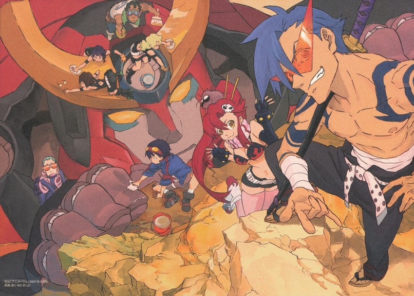 yoko littner, simon, kamina, boota, gurren-lagann, and 5 more (tengen toppa gurren lagann) drawn by sushio