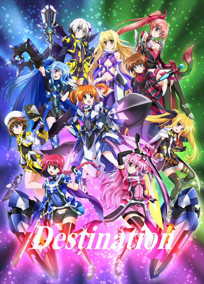 fate testarossa, takamachi nanoha, yagami hayate, raising heart, stern the destructor, and 15 more (lyrical nanoha and 1 more) drawn by yorousa_(yoroiusagi)