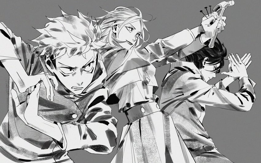 itadori yuuji, fushiguro megumi, and kugisaki nobara (jujutsu kaisen) drawn by chenalii