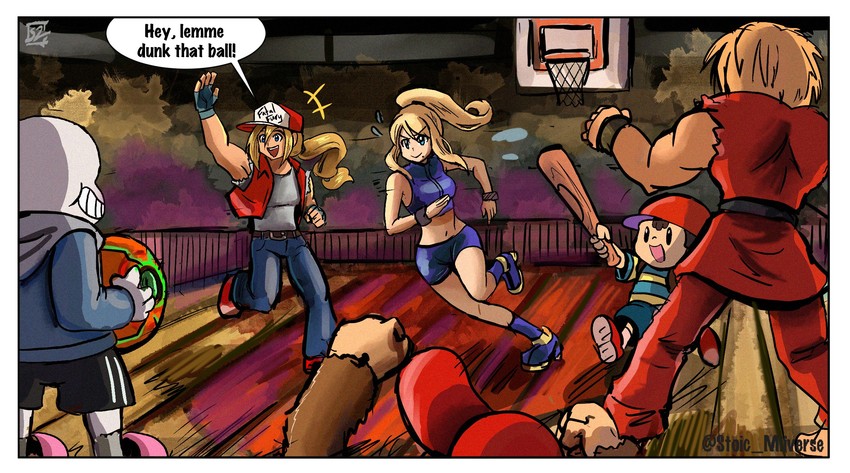 samus aran, sans, ness, ken masters, terry bogard, and 1 more (street fighter and 10 more) drawn by stoic_seraphim