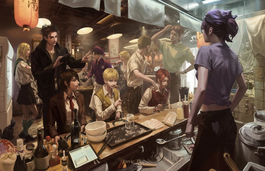 mikasa ackerman, eren yeager, levi, krista lenz, reiner braun, and 7 more (shingeki no kyojin) drawn by envie_p1