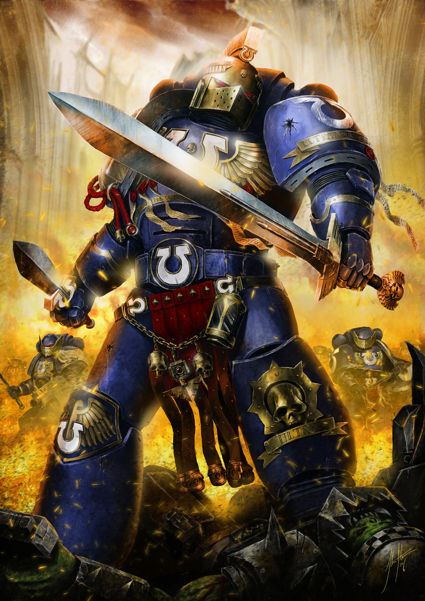 adeptus astartes and ork (warhammer 40k) drawn by john_stone_art
