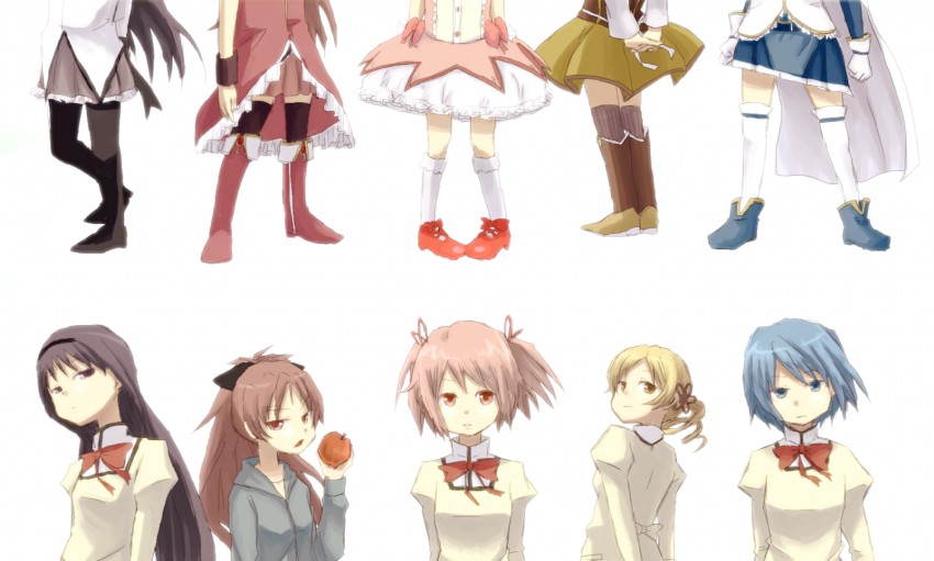akemi homura, kaname madoka, miki sayaka, sakura kyoko, and tomoe mami (mahou shoujo madoka magica) drawn by hatakuya