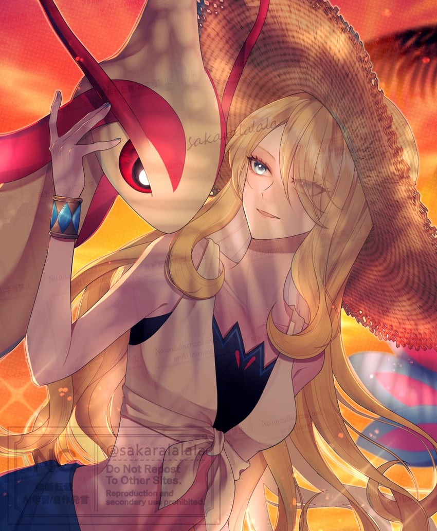 cynthia and milotic (pokemon and 1 more) drawn by sakaralalala