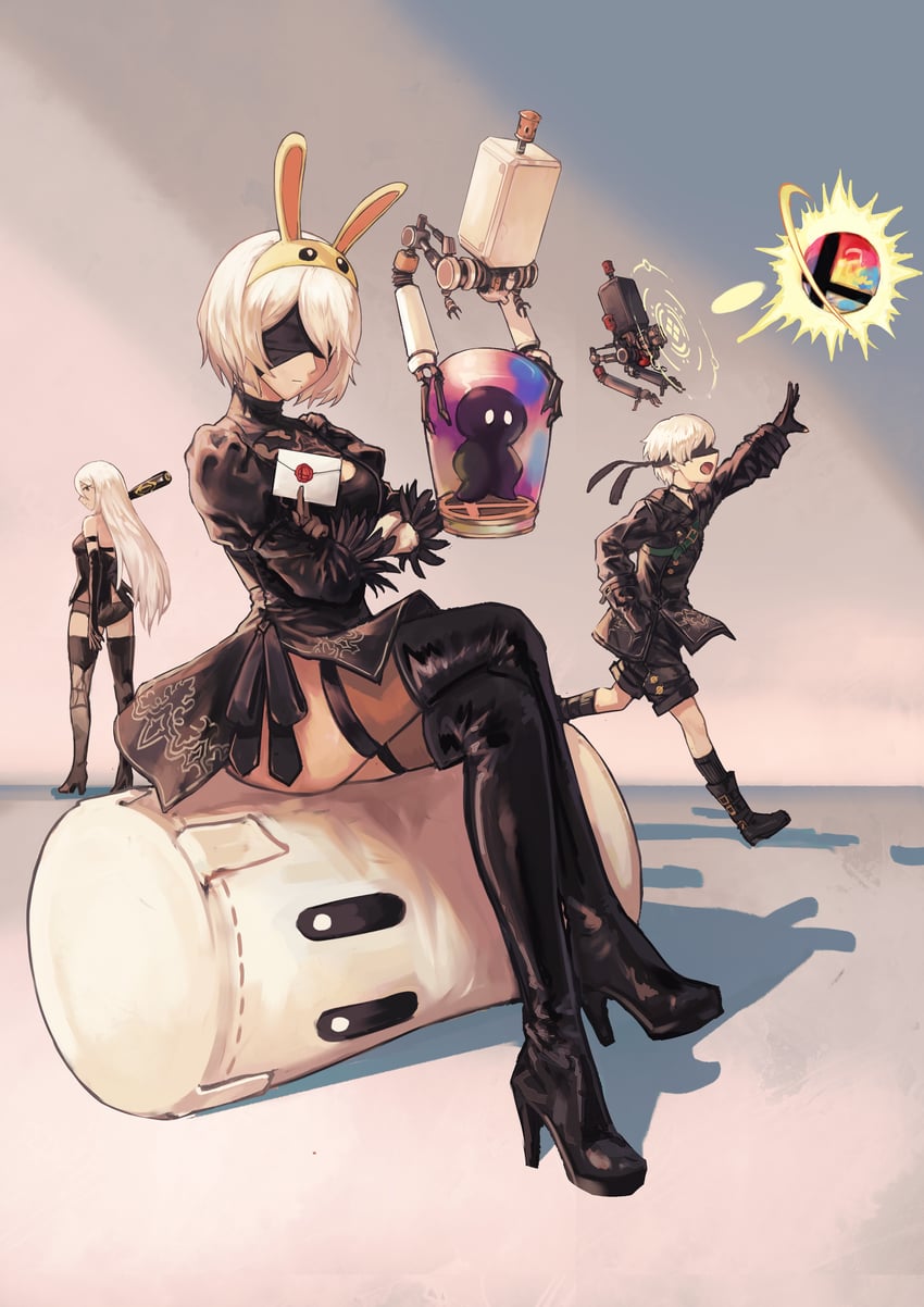 2b, 9s, pod, a2, and sandbag (nier and 2 more) drawn by suru_(seiya)