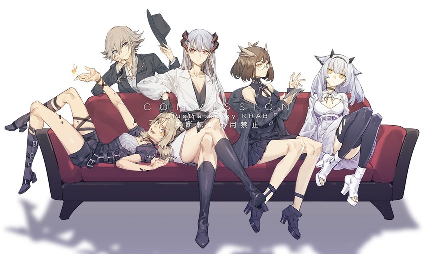 saria, silence, ifrit, ptilopsis, and mayer (arknights) drawn by krab_(fumekrab)
