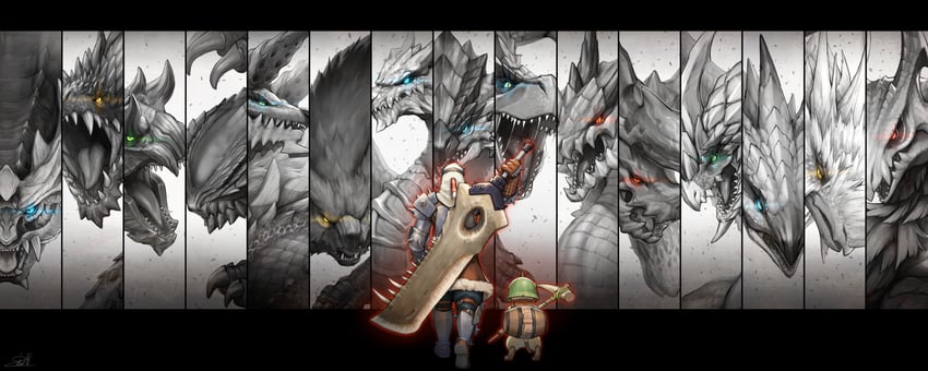 monster hunter, player palico, rathalos, zinogre, nargacuga, and 12 more (monster hunter) drawn by kemonomichi_(blue_black)
