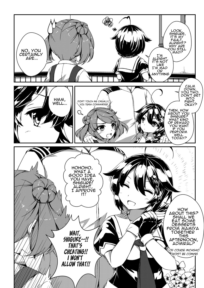 admiral, shigure, shigure kai ni, michishio, and michishio kai ni (kantai collection) drawn by sheita
