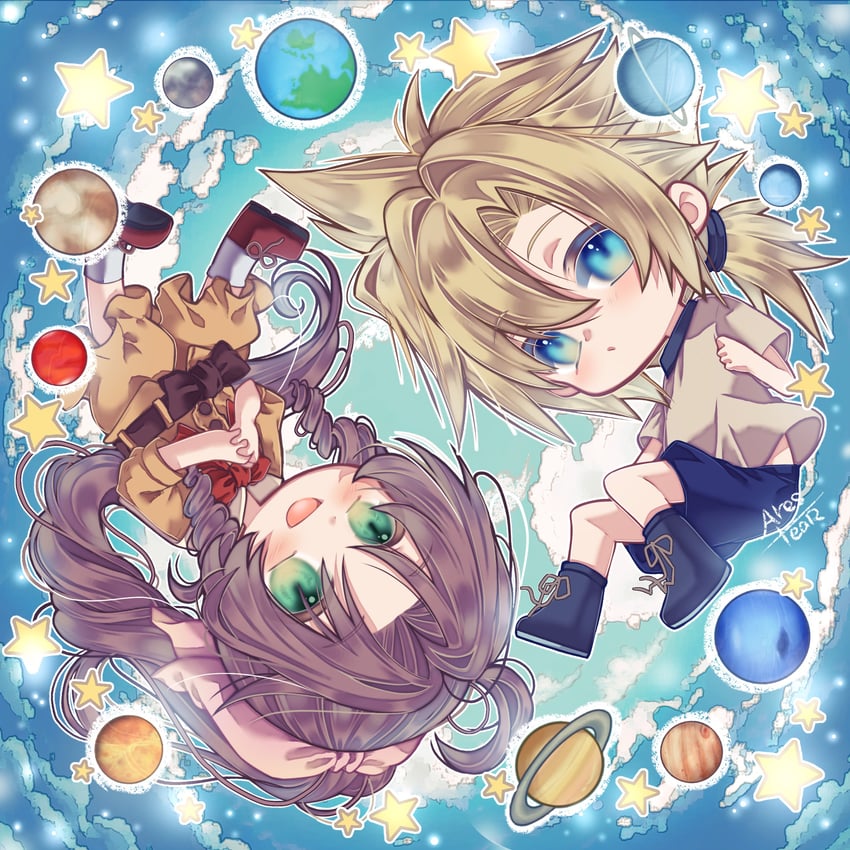 cloud strife and aerith gainsborough (final fantasy and 2 more) drawn by arestear0701