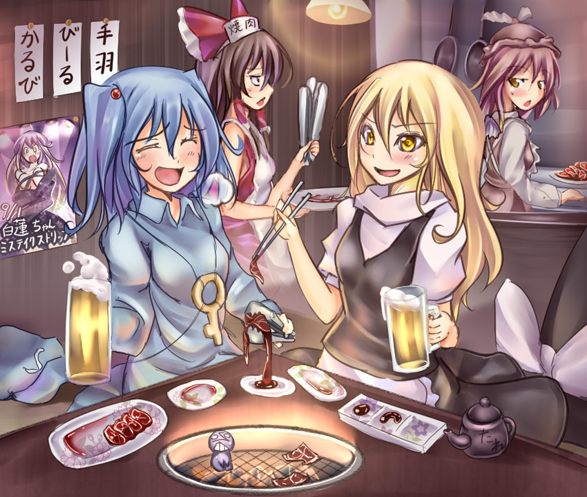hakurei reimu, kirisame marisa, kawashiro nitori, mystia lorelei, and hijiri byakuren (touhou) drawn by monikano