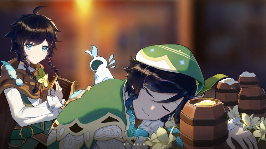 venti, barbatos, and nameless bard (genshin impact) drawn by aximxi