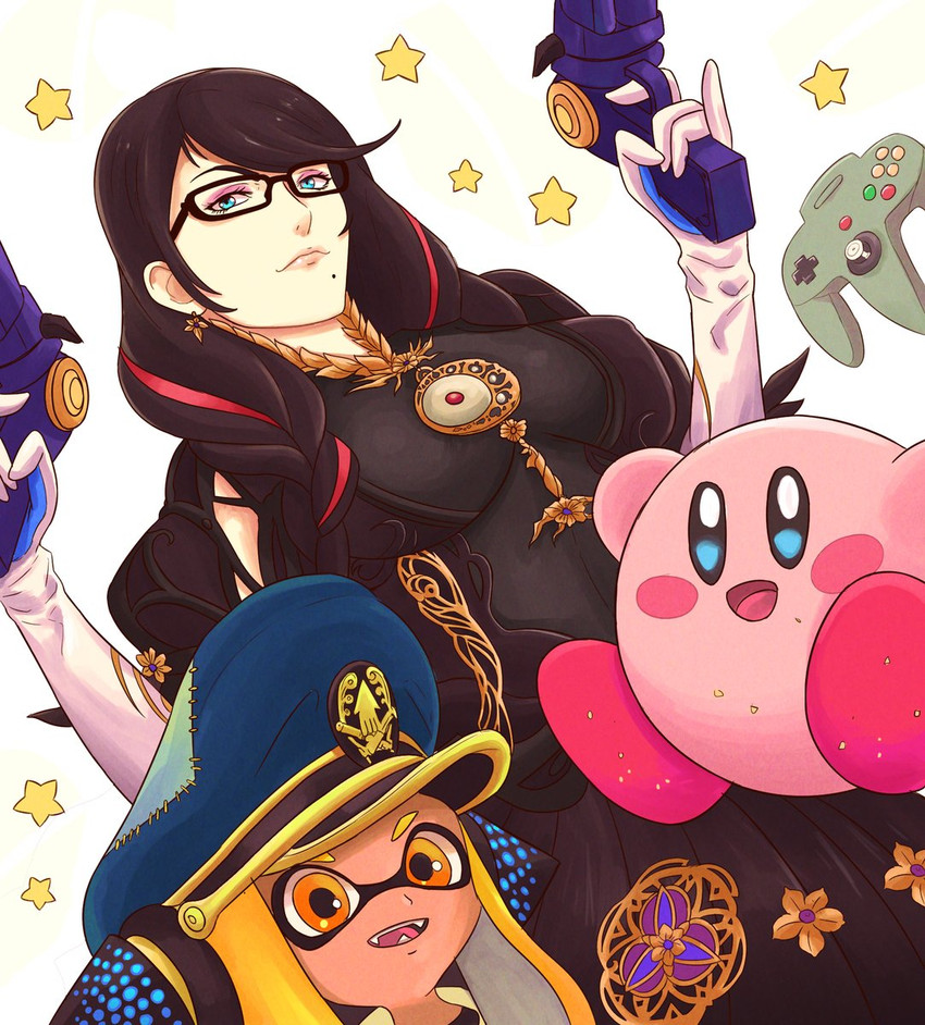 inkling player character, inkling girl, kirby, bayonetta, agent 3, and 1 more (splatoon and 5 more) drawn by truejekart