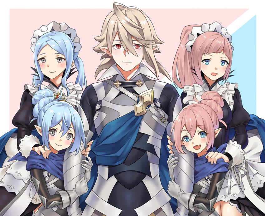 male corrin, felicia, flora, and female kana (fire emblem and 1 more) drawn by igni_tion