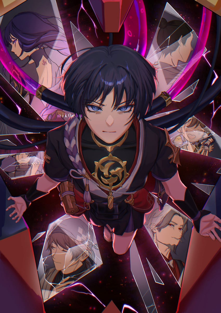 raiden shogun, scaramouche, niwa, scaramouche's sickly friend, katsuragi, and 1 more (genshin impact) drawn by mik0chn